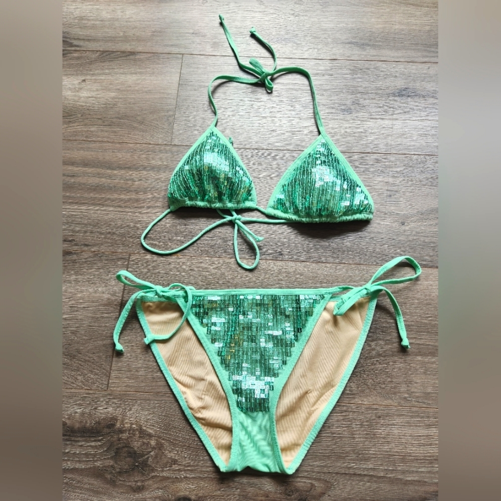 Victoria’s Secret String Bikini In Aqua Sequin. Top/L… Gem